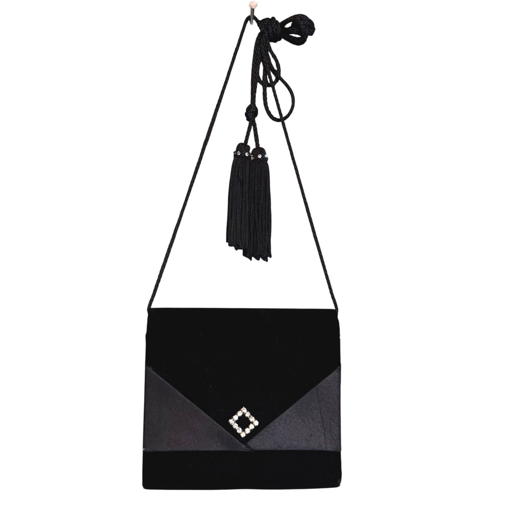 NWOT Womens Velvet‎ Tassel Rhinestone Crossbody Evening Bag Black